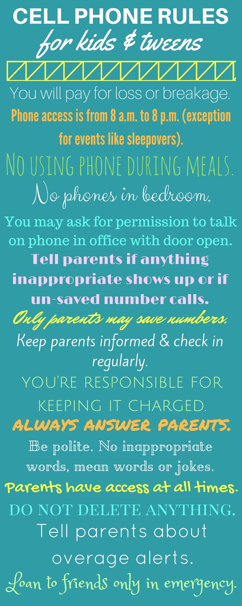 Safe cell phone rules for kids, tweens, and teens.